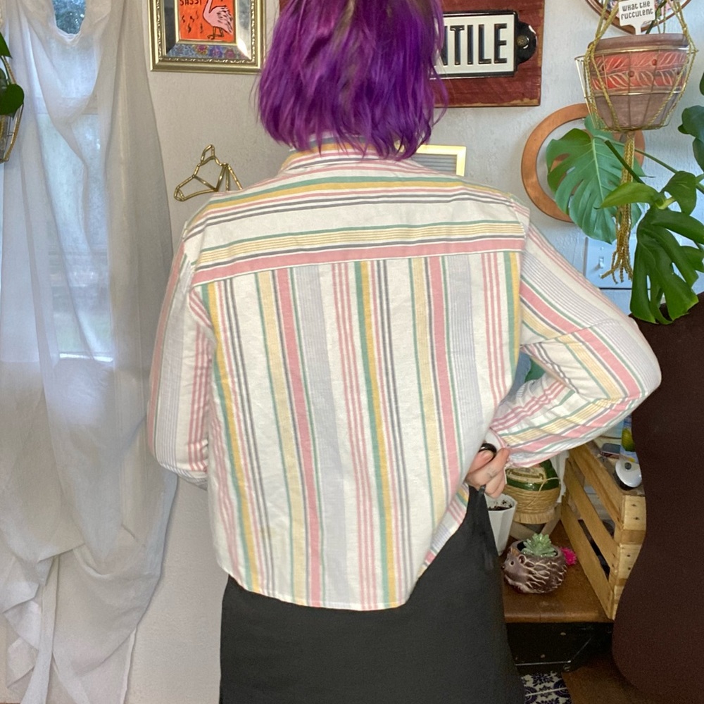 Forever 21 MultiColor Striped Crop Button Front Long Sleeve Top Size Large - Picture 5 of 15
